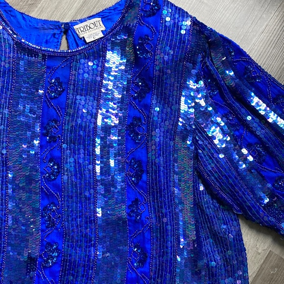 Vintage 80s 90s Tribout Silk Sequin Beaded Royal Blue Glam Event Party Top sz L - Picture 2 of 16